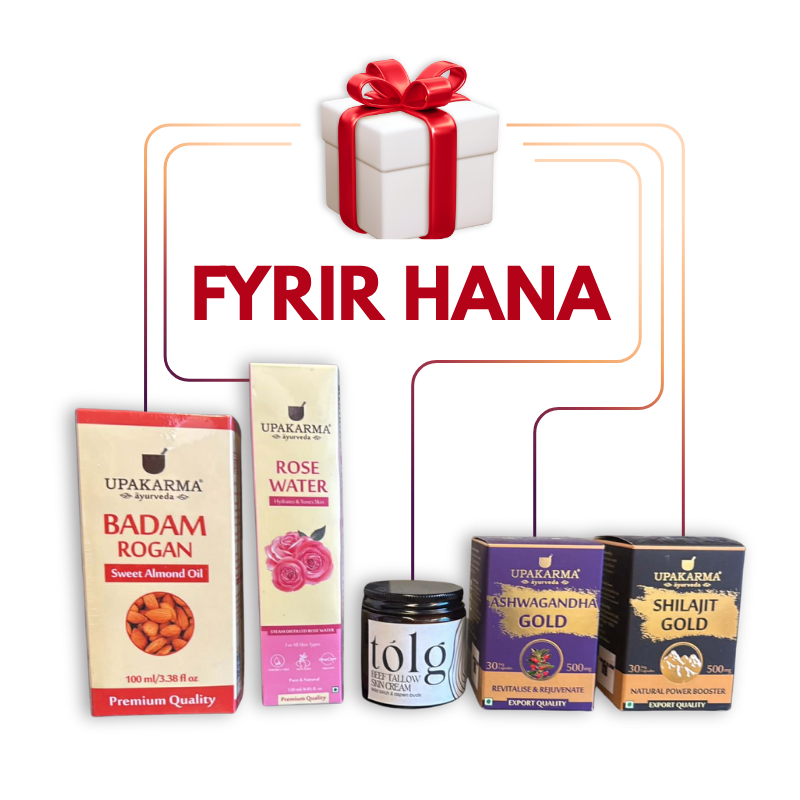 Shilajit gjafapakki fyrir hana - badam rogan oil, rose water, tólg beef tallow, ashwagandha gold, shilajit gold